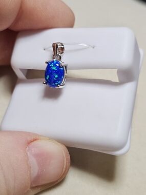 Bright Blue Natural Opal Oval Pendant - Sterling Silver
